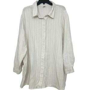 Sol Borne 3X Crinkle Cotton Gauze Gold Stripe Button Down Boho Beachy Top